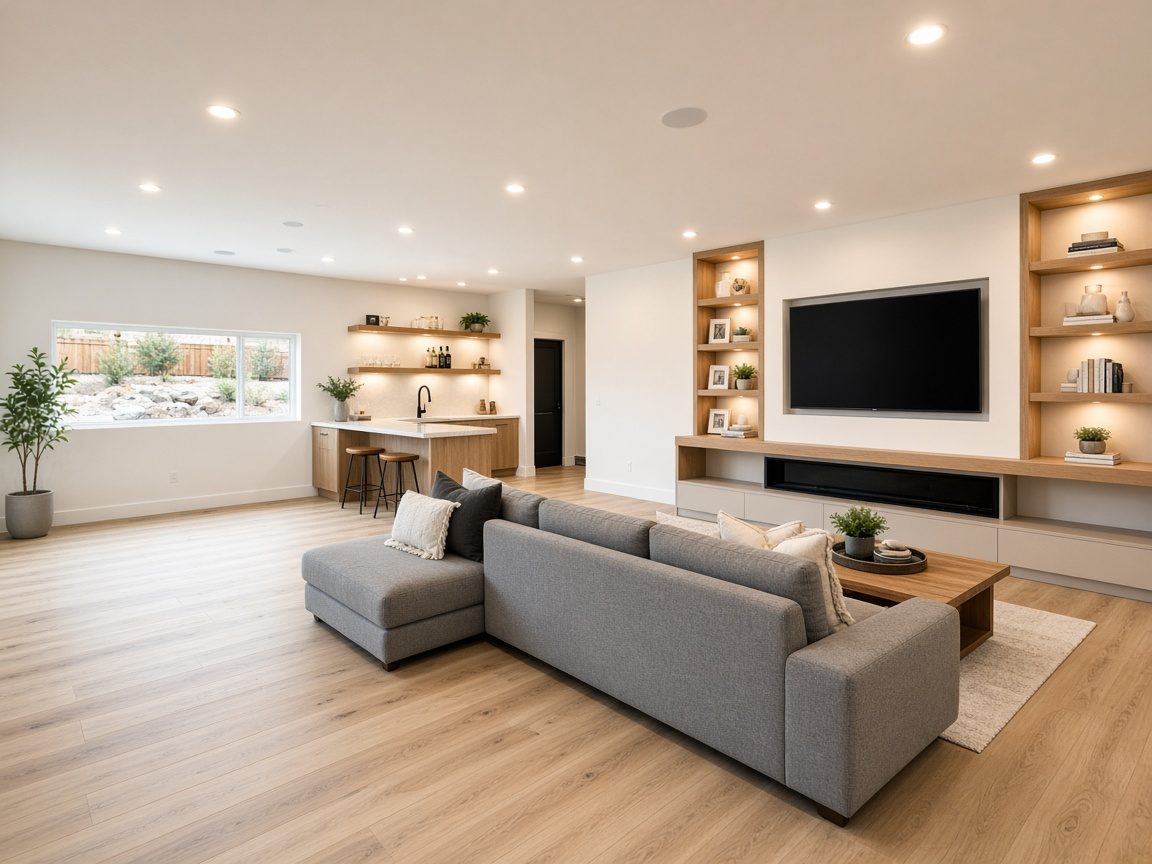 Finished basement living area with recessed lighting and built-in shelving