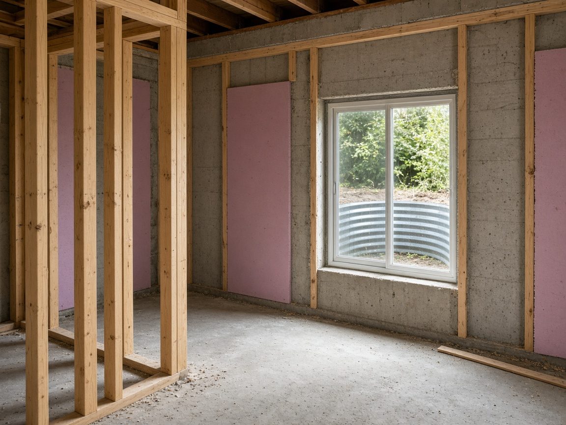 Basement walls framed and insulated around a new egress window and window well